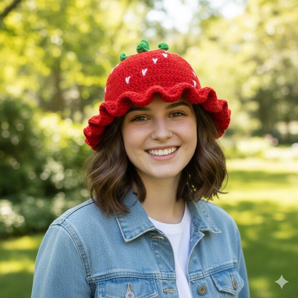 Hand Crafted Accessories - Crocheted Strawberry Bucket Hat New